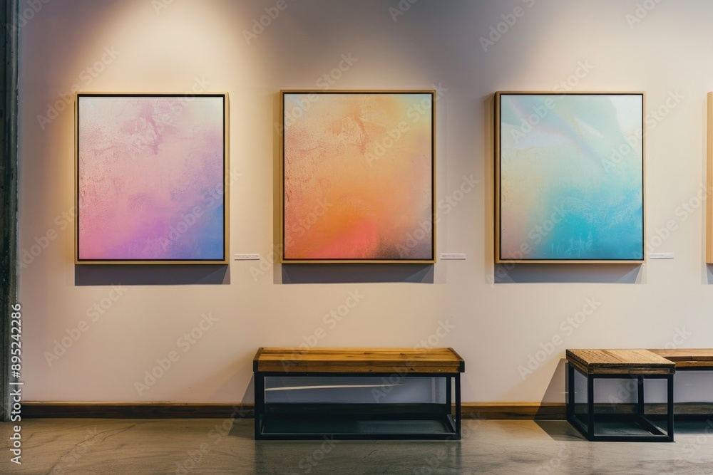 Paintings on a wall with a bench nearby, perfect for interior design or architecture use Paintings on a wall with a bench nearby, perfect for interior design or architecture use