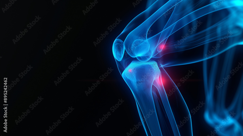 Blue 3D x-ray of knee and body, showing joint and bone injuries, arthritis inflammation, and athlete tendon issues, with red pain markers, copy space Blue 3D x-ray of knee and body, showing joint and bone injuries, arthritis inflammation, and athlete tendon issues, with red pain markers, copy space