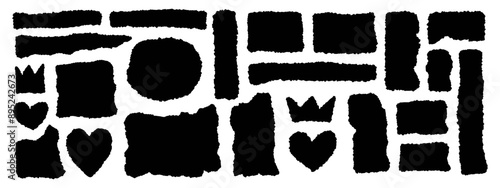 Torn paper shape vector illustration. Collage sticker piece, shred strip, cut black sheet. Blank horizontal note. Set of headline band. Calligraphy border, isolated grunge header background