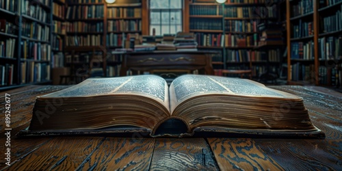 An antique hardcover book is open on a rustic wooden table in an old library filled with an extensive collection of books on shelves, illuminated by warm ambient lighting