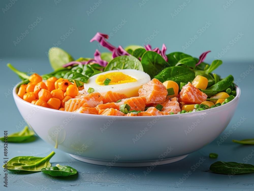 A protein bowl featuring fresh salmon, a hard-boiled egg, spinach, and corn, presented in a white bowl on a light blue background. A protein bowl featuring fresh salmon, a hard-boiled egg, spinach, and corn, presented in a white bowl on a light blue background.