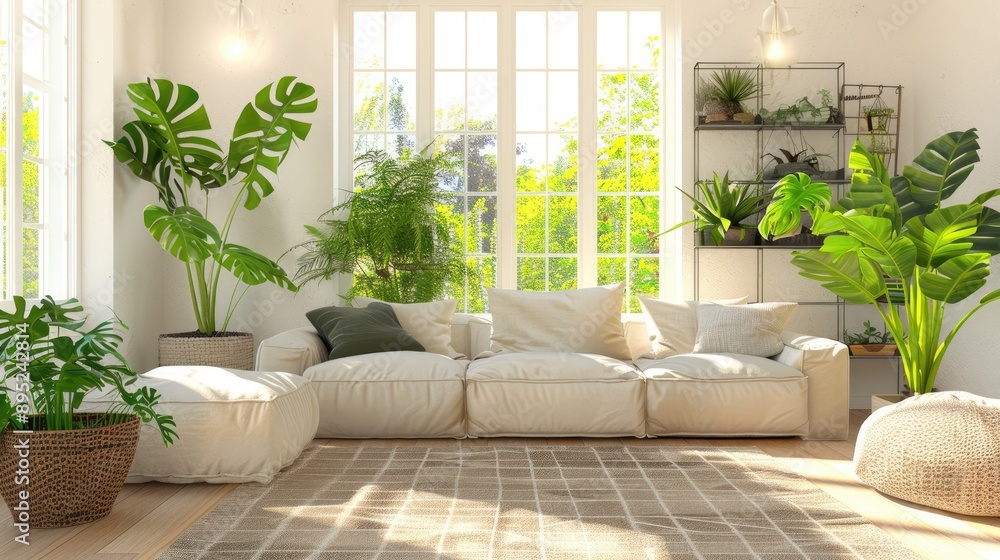 Bright living room with sofas and plants Bright living room with sofas and plants