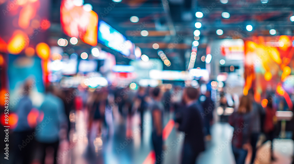 Blurred image of a busy exhibition floor, featuring multiple product displays and attendees exploring the event, emphasizing the vibrant and energetic setting Blurred image of a busy exhibition floor, featuring multiple product displays and attendees exploring the event, emphasizing the vibrant and energetic setting