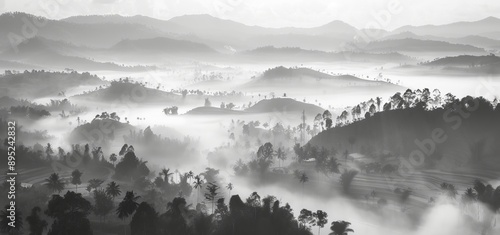 The wallpaper features a black and white mountain scene with mist in the background