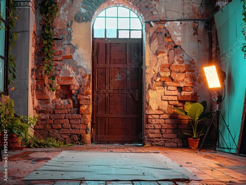 A rustic, medieval-inspired indoor setting with a wooden door, exposed brick walls, and a potted plant, lit by a warm studio light.