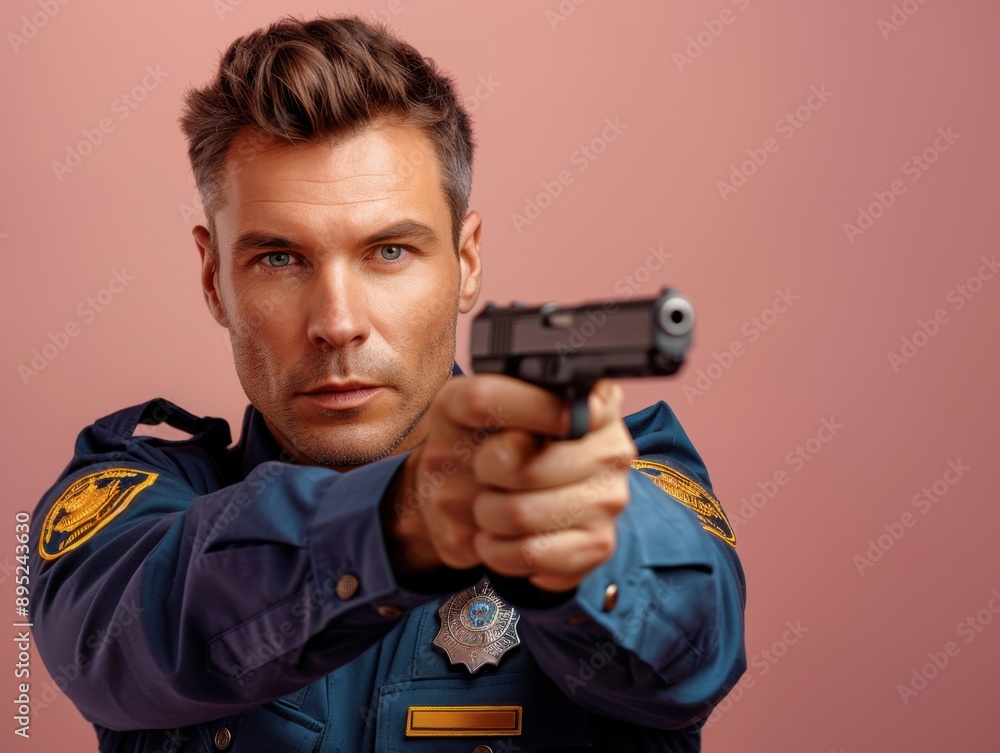 A policeman, dressed in a blue uniform, is aiming a gun directly at the camera against a plain brown background. The image highlights focus and determination. A policeman, dressed in a blue uniform, is aiming a gun directly at the camera against a plain brown background. The image highlights focus and determination.