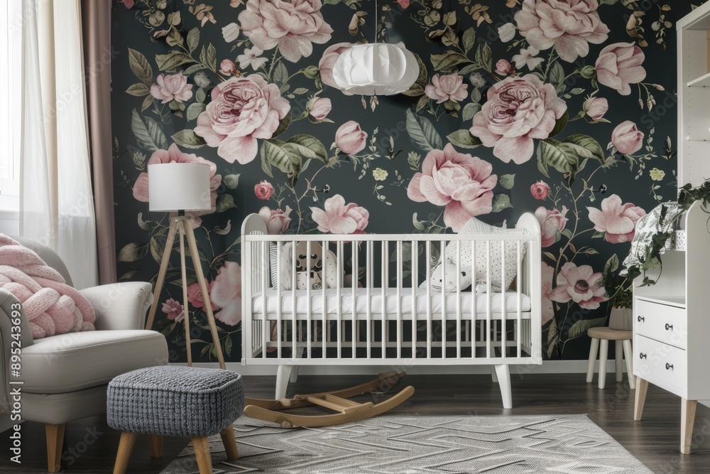 A stylish crib and floral wallpaper decorate the interior of a baby room A stylish crib and floral wallpaper decorate the interior of a baby room