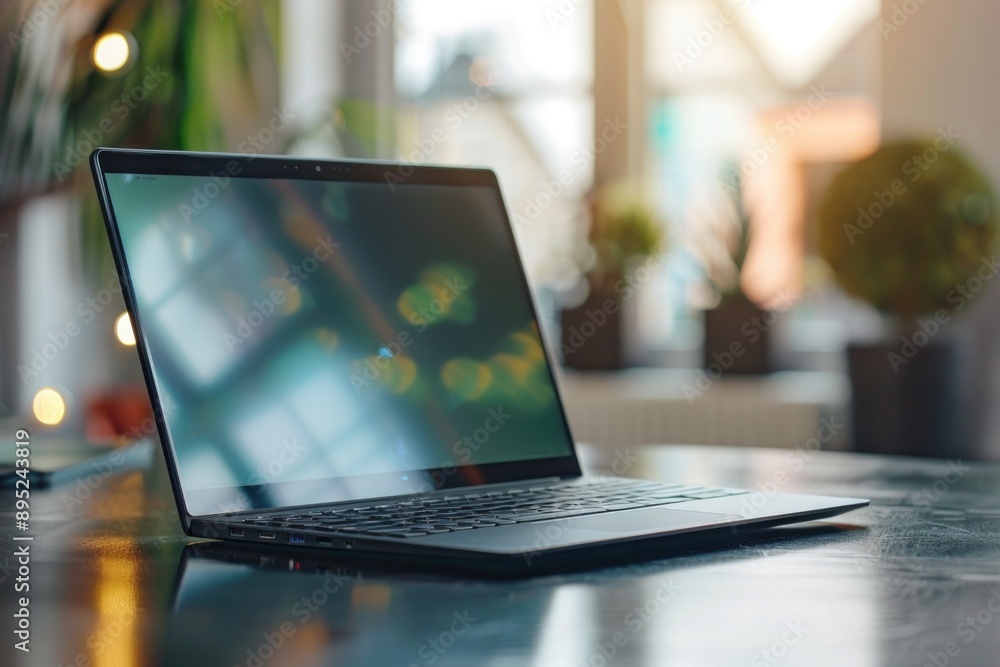 A laptop computer placed on a wooden table, ready for use A laptop computer placed on a wooden table, ready for use