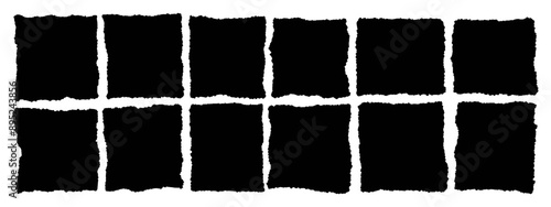 Black square frames with jagged edges. Torn paper pieces set. Ripped rectangle shape silhouettes collection. Textured grunge element bundle for collage, text box, banner, sticker. Vector illustration
