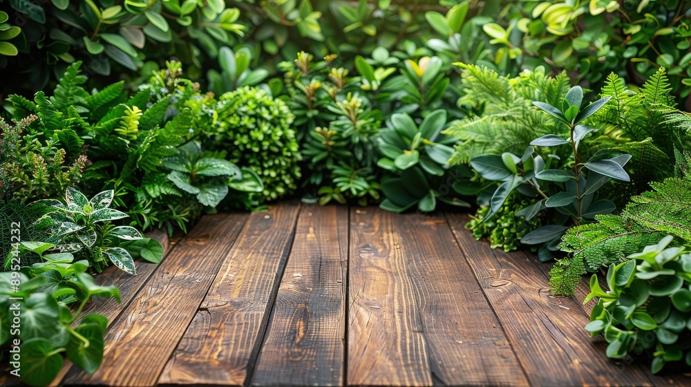 Beautiful wooden table with an assortment of green plants around the edges, ideal for a nature-themed setting Beautiful wooden table with an assortment of green plants around the edges, ideal for a nature-themed setting
