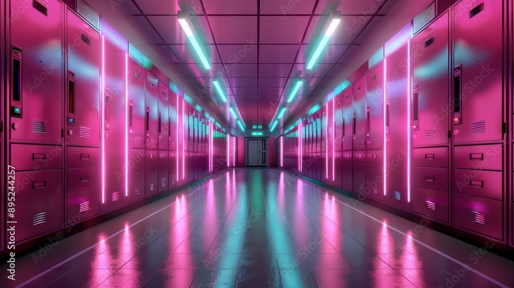 A hallway with pink walls and neon lights. Scene is bright and energetic A hallway with pink walls and neon lights. Scene is bright and energetic