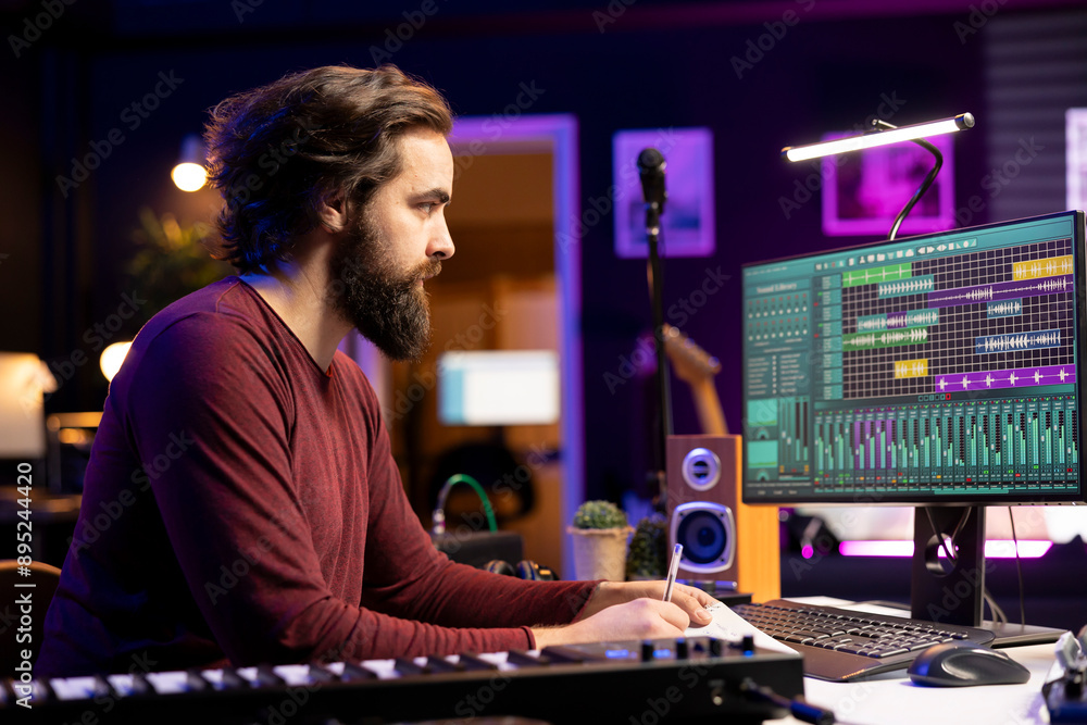 Songwriter taking notes to create new music in his home studio, writing down lyrics and harmonic elements before recording his song on daw software, acoustical engineering post production. Songwriter taking notes to create new music in his home studio, writing down lyrics and harmonic elements before recording his song on daw software, acoustical engineering post production.