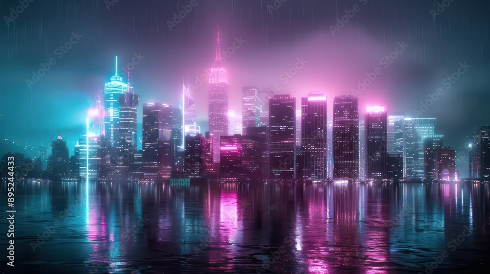 A city skyline with neon lights reflecting on the water. Scene is vibrant and energetic A city skyline with neon lights reflecting on the water. Scene is vibrant and energetic