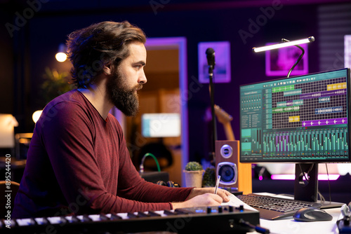 Songwriter taking notes to create new music in his home studio, writing down lyrics and harmonic elements before recording his song on daw software, acoustical engineering post production.