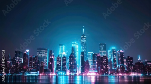 A city skyline is lit up in neon colors, creating a vibrant and energetic atmosphere. The city is at night, and the lights from the buildings reflect on the water, creating a beautiful