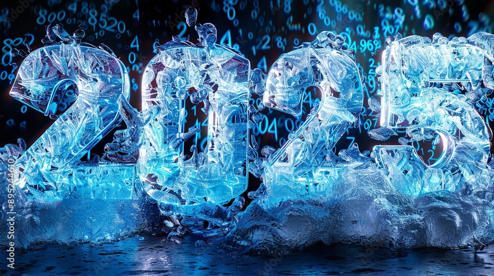 Fototapeta premium Ice Sculpture of 2025 Against a Dark Background With Blue Numbers