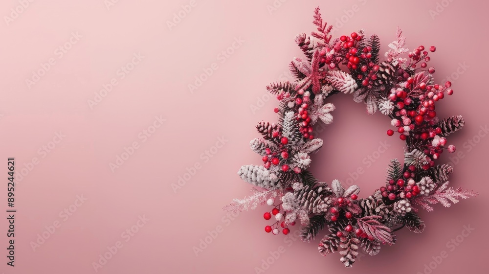 Minimalist Christmas Wreath on Soft Pink Background Minimalist Christmas Wreath on Soft Pink Background