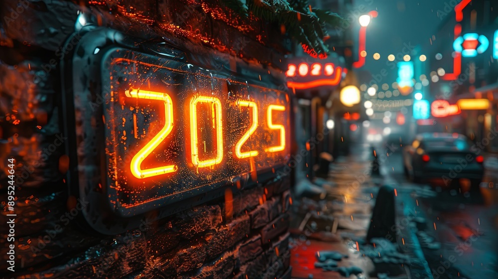 Futuristic Cityscape With Illuminated 2025 Sign on Brick Wall Futuristic Cityscape With Illuminated 2025 Sign on Brick Wall