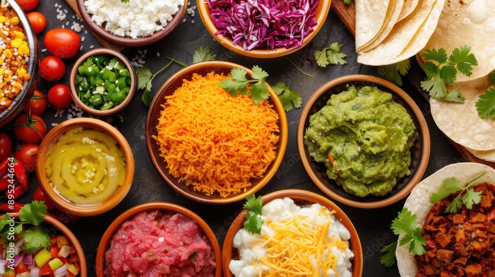 A variety of Mexican food is displayed in bowls on a table. The bowls contain different types of food, including guacamole, salsa, and cheese A variety of Mexican food is displayed in bowls on a table. The bowls contain different types of food, including guacamole, salsa, and cheese