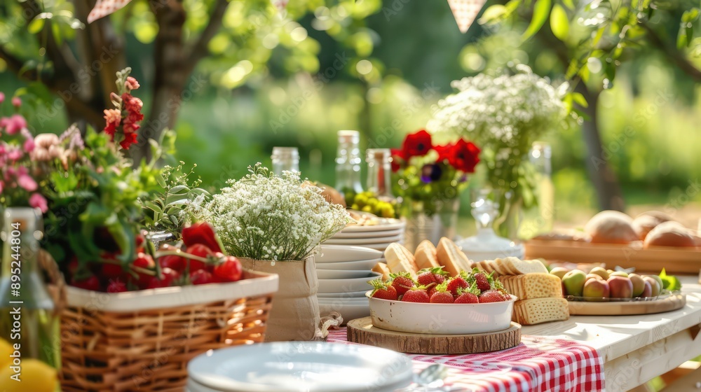 A table is set with a variety of food and drinks, including a bowl of strawberries and a plate of fruit. The table is surrounded by potted plants and flowers, creating a pleasant A table is set with a variety of food and drinks, including a bowl of strawberries and a plate of fruit. The table is surrounded by potted plants and flowers, creating a pleasant