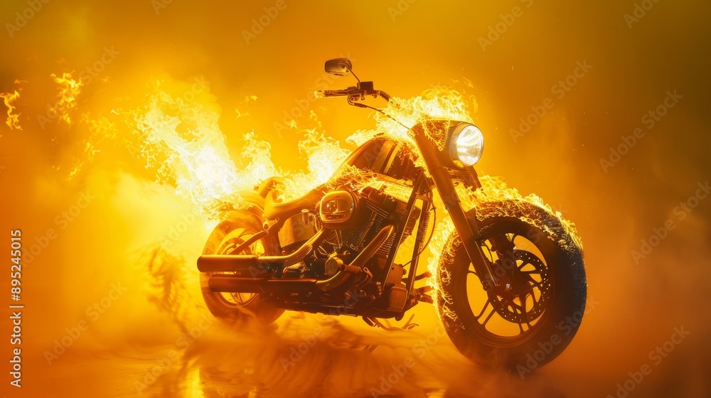 Fototapeta premium motorcycle on fire in bright yellow background