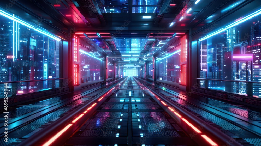 A futuristic cityscape with neon lights and a long, empty tunnel. The tunnel is lit up with red and blue lights, giving it a futuristic and industrial feel. The cityscape is filled with tall buildings A futuristic cityscape with neon lights and a long, empty tunnel. The tunnel is lit up with red and blue lights, giving it a futuristic and industrial feel. The cityscape is filled with tall buildings