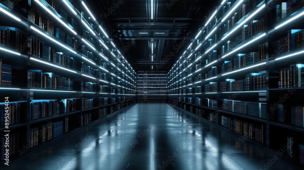 A large, empty library with shelves of books. The shelves are lit up with blue lights, creating a futuristic and industrial atmosphere A large, empty library with shelves of books. The shelves are lit up with blue lights, creating a futuristic and industrial atmosphere