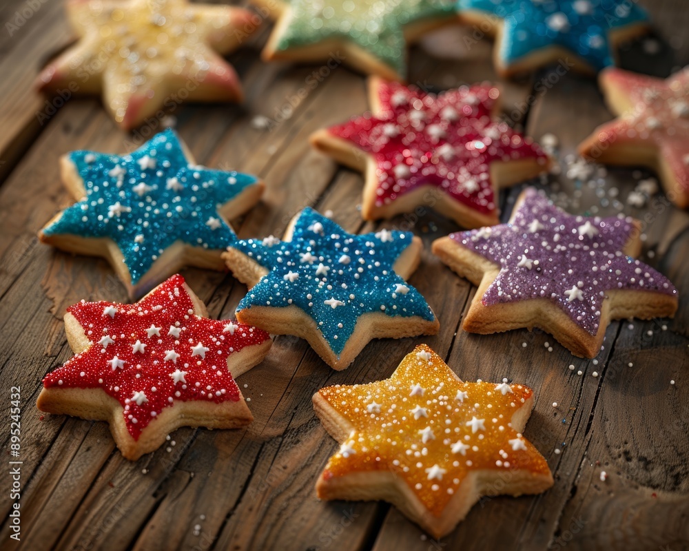 Vibrant star shaped sugar cookies on rustic table for patriotic holidays and festive celebrations Vibrant star shaped sugar cookies on rustic table for patriotic holidays and festive celebrations