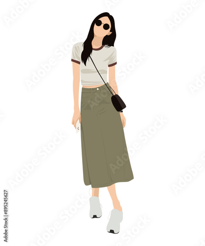 Vector illustration of a girl in a light t-shirt, a green skirt and white shoes. Accessorized with black glasses and a shoulder bag.