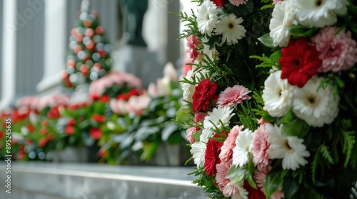 A wreath of flowers with red and white flowers is on a ledge. The flowers are arranged in a way that creates a sense of balance and harmony. The wreath is surrounded by greenery