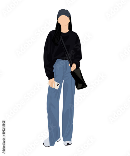 Vector illustration of a girl in a black hoodie, jeans and white sneakers. Completed with a black backpack and a phone.