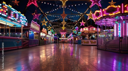 A carnival with many lights and a large star. The lights are bright and colorful, creating a fun and exciting atmosphere