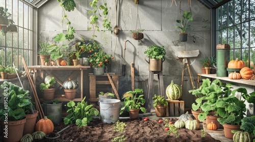 pumpkin seeds in pots inside a greenhouse generative ai