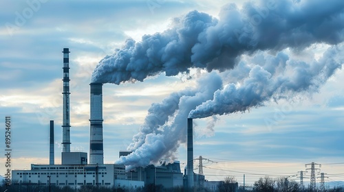 powerful industrial scene of a coalfired power plant with towering smokestacks emitting plumes against a somber blue sky photo