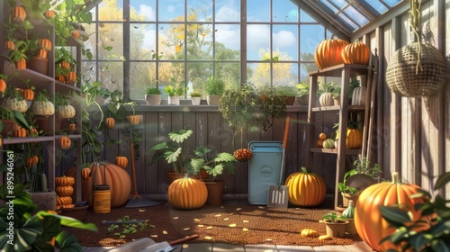 pumpkin seeds in pots inside a greenhouse generative ai