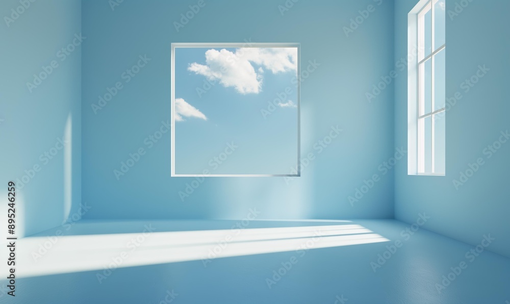 minimalist room bathed in soft blue tones, featuring a window displaying a calming view of a blue sky with fluffy clouds, complemented by sunlight streaming through another window minimalist room bathed in soft blue tones, featuring a window displaying a calming view of a blue sky with fluffy clouds, complemented by sunlight streaming through another window