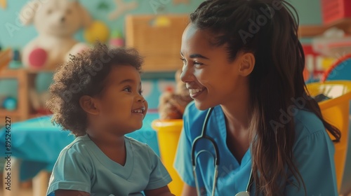A compassionate pediatric nurse looks after a child in a vibrant daycare, showing care in healthcare