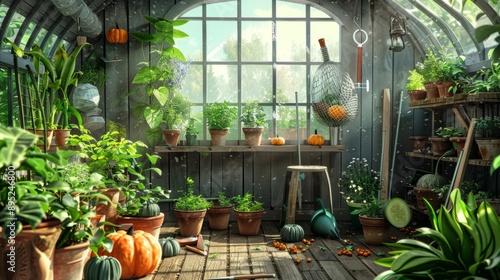 pumpkin seeds in pots inside a greenhouse generative ai
