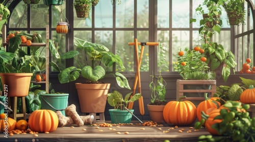 pumpkin seeds in pots inside a greenhouse generative ai