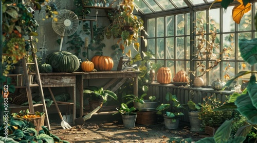 pumpkin seeds in pots inside a greenhouse generative ai