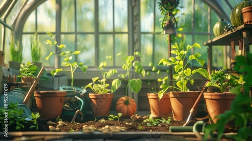 pumpkin seeds in pots inside a greenhouse generative ai