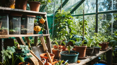 pumpkin seeds in pots inside a greenhouse generative ai