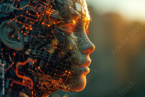 Ai and biotech integration  human head with circuits symbolizing robot progress and machine learning photo