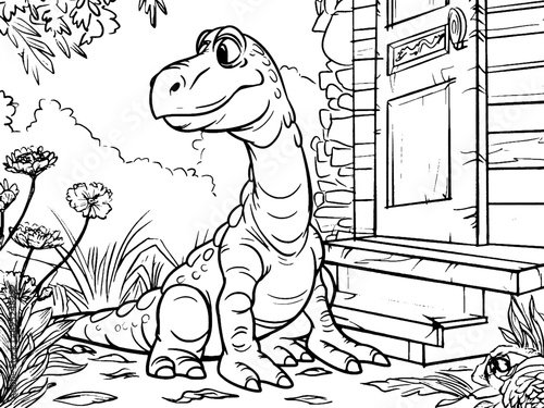 Coloring book. Cute dinosaur sits on the porch of the house. Generative ai vector.