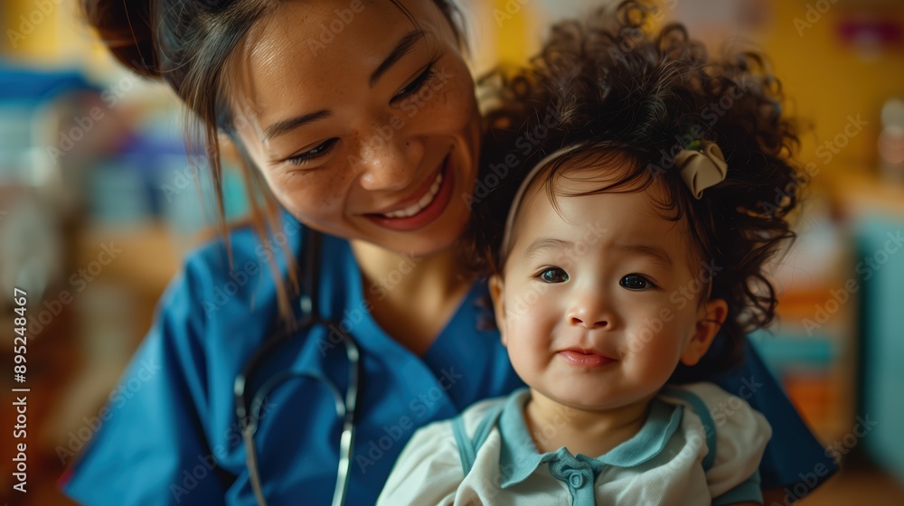 In a pediatric healthcare setting, a nurse joyfully cares for a happy toddler, fostering a warm and loving environment In a pediatric healthcare setting, a nurse joyfully cares for a happy toddler, fostering a warm and loving environment