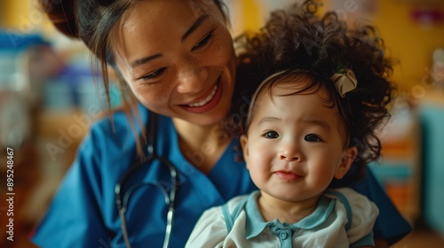 In a pediatric healthcare setting, a nurse joyfully cares for a happy toddler, fostering a warm and loving environment