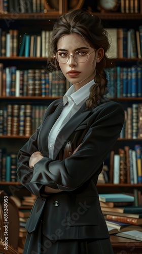 Portrait of an attractive, confident young woman, student, teacher, wearing glasses with books in her hands, standing against a background of books.