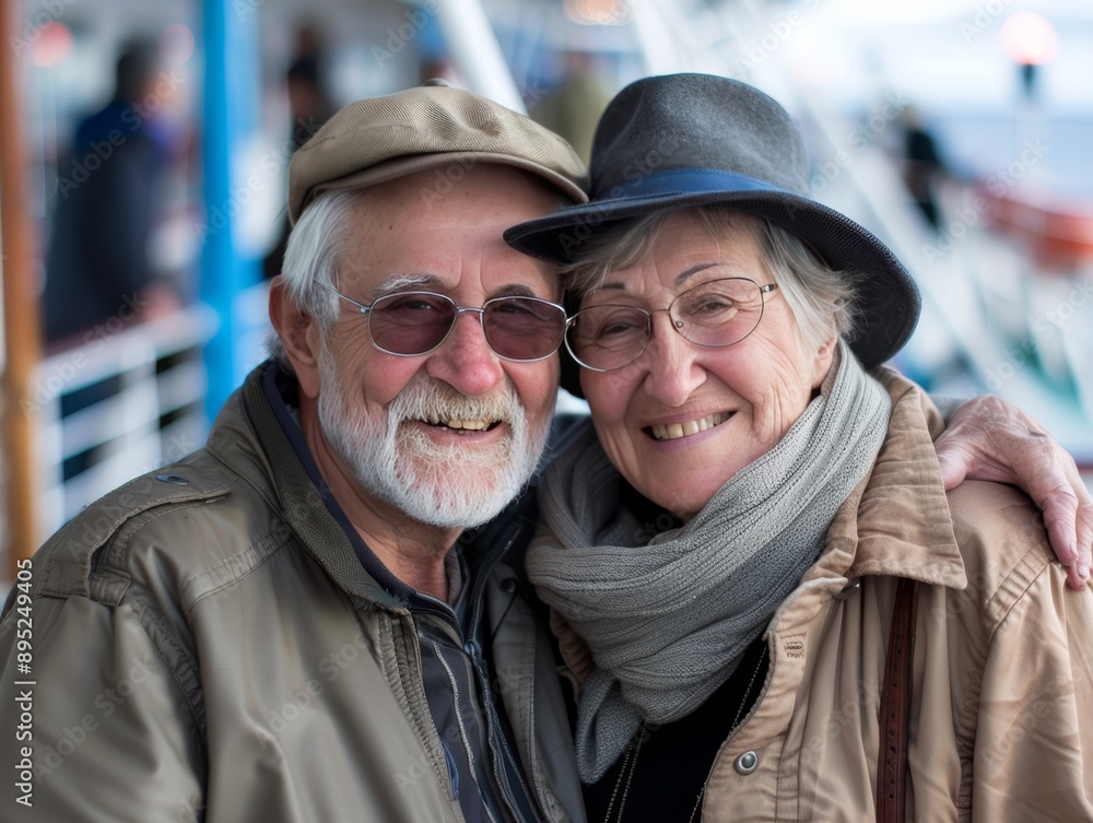 Happy and stylish senior couple enjoying on the deck of a cruise ship in a joyful manner Happy and stylish senior couple enjoying on the deck of a cruise ship in a joyful manner