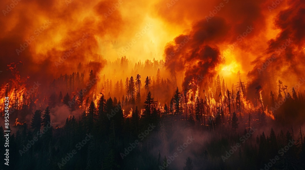 Obraz premium A wildfire raging through a section of the forest, with plumes of smoke billowing skyward and flames licking at the treetops, highlighting the destructive power of nature.