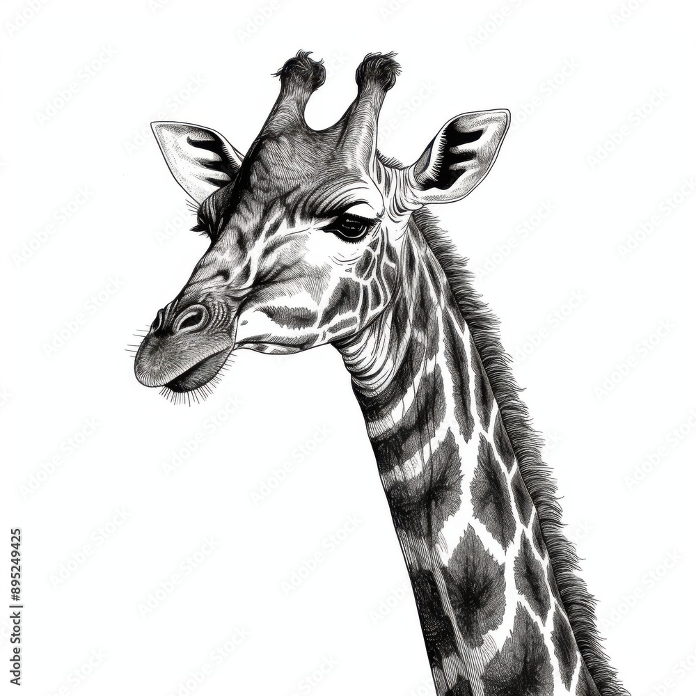 Naklejka premium Black and white Vintage engraved art of a portrait of a giraffe isolated on white background, ink sketch illustration, simple vector art design, highly detailed line art, high contrasty.